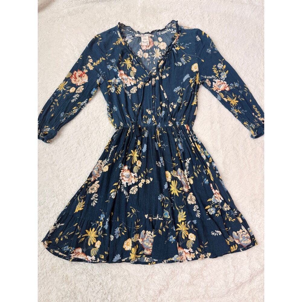 American Rag Cie Boho Floral Dress Blue Medium Peasant Mini Dress